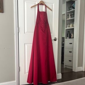 Michaelangelo Red Beaded embroidered halter full length gown prom, bridesmaid